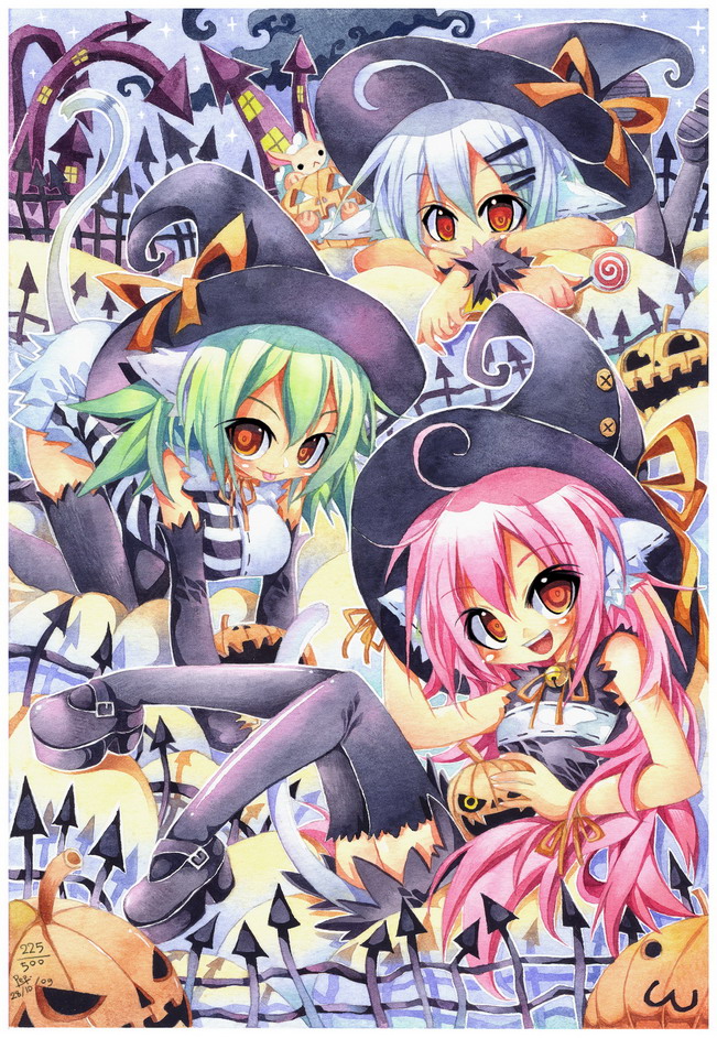 :&lt; :3 ahoge animal_ears bell blush brown_eyes bunny_ears cat_ears cat_tail copyright_request emperpep halloween hat jack-o'-lantern jingle_bell long_hair multiple_girls open_mouth pink_hair pumpkin silver_hair tail thighhighs traditional_media watercolor_(medium) witch witch_hat