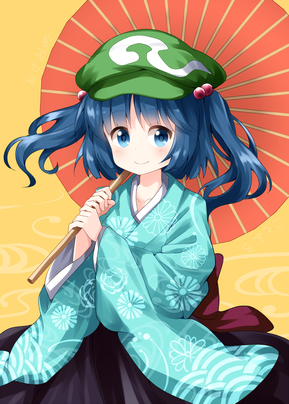 1girl alternate_costume bangs black_skirt blue_eyes blue_hair blue_kimono cabbie_hat commentary_request cowboy_shot eyebrows_visible_through_hair floral_background green_hat hair_bobbles hair_ornament hakama_skirt hat highres holding holding_umbrella japanese_clothes kawashiro_nitori kimono long_hair looking_at_viewer oriental_umbrella red_umbrella ruu_(tksymkw) simple_background skirt smile solo touhou two_side_up umbrella yellow_background
