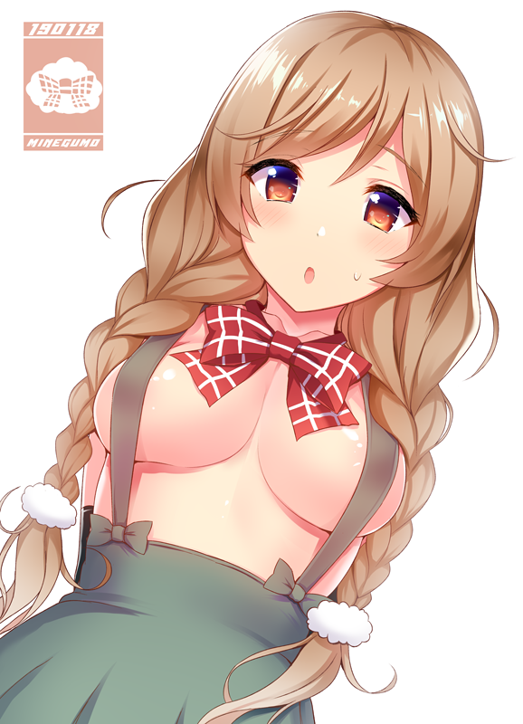 1girl bangs blush bow bowtie braid breasts brown_eyes cleavage collarbone commentary_request covered_nipples eyebrows_visible_through_hair hair_between_eyes interstellar kantai_collection large_breasts light_brown_hair long_hair looking_at_viewer minegumo_(kantai_collection) no_bra no_shirt open_mouth red_neckwear school_uniform simple_background skirt solo standing suspender_skirt suspenders sweatdrop twin_braids underboob white_background