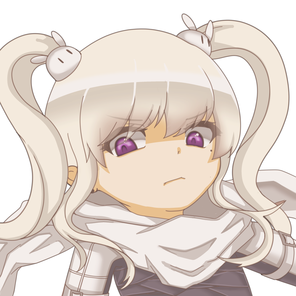 1girl angry bunny_hair_ornament closed_mouth eyebrows_visible_through_hair hair_ornament looking_at_viewer maplestory mole mole_under_eye orca_(inazuma_eleven) purple_eyes scarf silver_hair simple_background solo twintails user_agcy7775 white_background