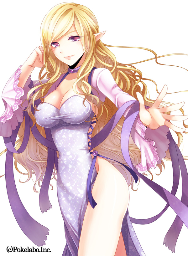 1girl blonde_hair breasts cleavage collar collarbone eyes_closed female frilled_sleeves frills hinariaoba long_hair looking_at_viewer original pointy_ears purple_eyes purple_ribbon ribbon simple_background solo white_background