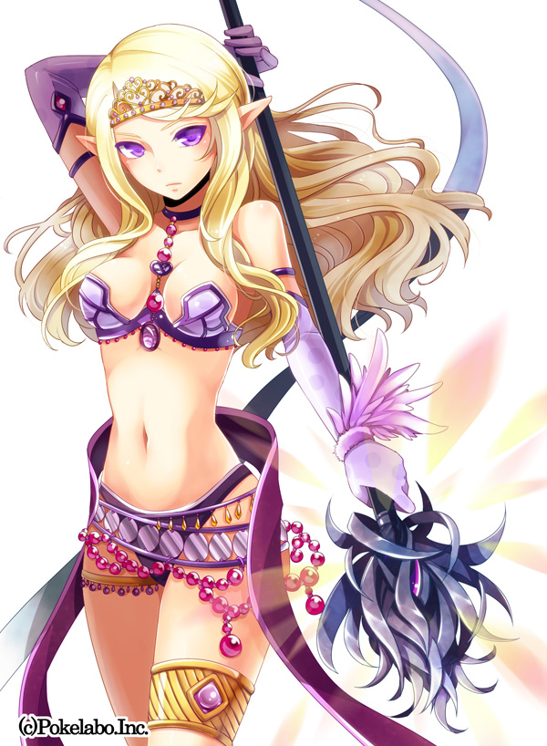bare_shoulders black_panties blonde_hair breasts closed_mouth collar elbow_gloves expressionless female gloves hinariaoba holding holding_weapon jewelry long_hair looking_at_viewer midriff navel original panties pointy_ears purple_eyes purple_gloves simple_background solo tiara underwear weapon