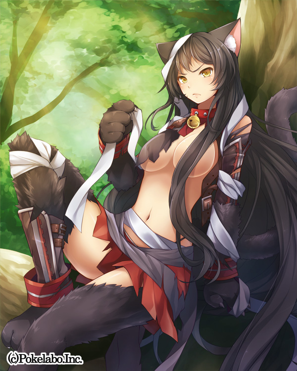 1girl :c animal_ears arm_support bandage bell black_hair breasts cat_ears cat_tail closed_mouth collar detached_sleeves female frown hair_censor hinariaoba long_hair midriff navel original sitting solo tail torn_clothes underboob very_long_hair yellow_eyes