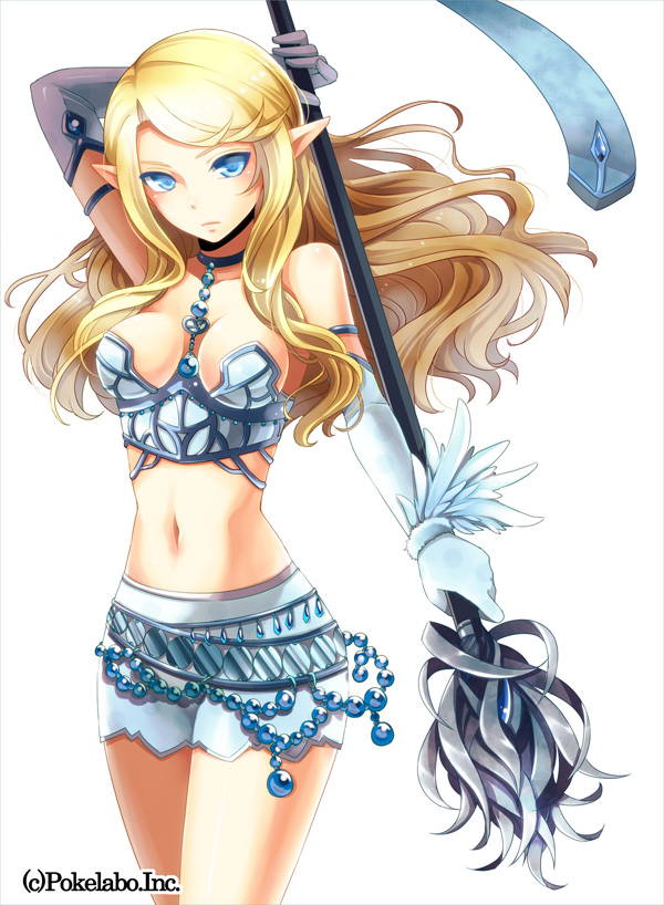 armlet bare_shoulders blonde_hair blue_eyes breasts closed_mouth collar collarbone elbow_gloves expressionless female gloves hinariaoba holding holding_weapon long_hair looking_at_viewer midriff navel original pointy_ears shorts simple_background solo weapon white_background white_gloves