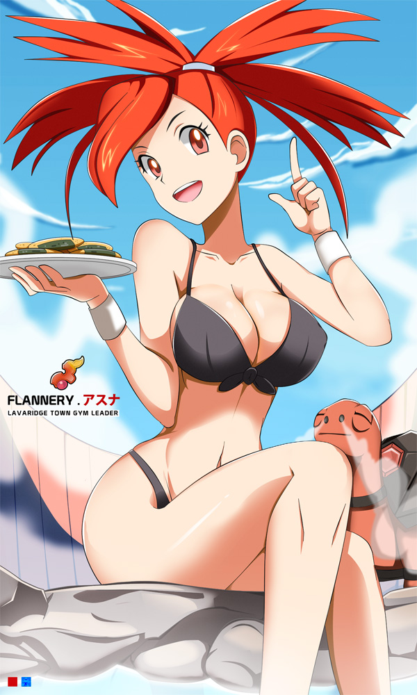 1girl :d asuna_(pokemon) bath bikini breasts cleavage cookie erect_nipples female gym_leader large_breasts long_hair looking_at_viewer open_mouth pointing pokemon pokemon_(game) pokemon_oras pokemon_rse red_eyes red_hair senbei sitting sky smile solo swimsuit torkoal vivivoovoo wide_hips