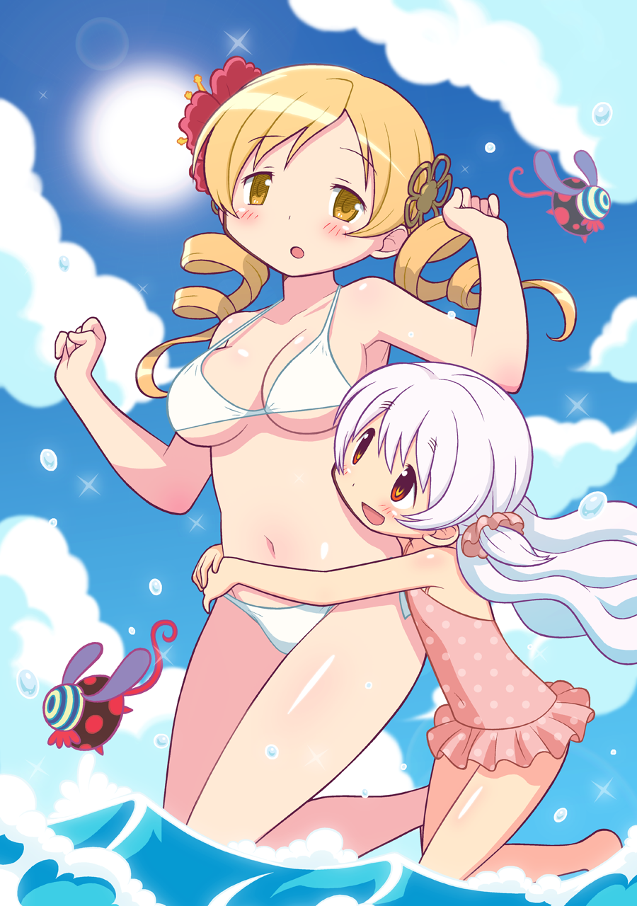 bikini blonde_hair breasts cloud day drill_hair familiar_(madoka_magica) flower gecchu hair_flower hair_ornament highres hug large_breasts long_hair mahou_shoujo_madoka_magica mahou_shoujo_madoka_magica_movie momoe_nagisa multicolored multicolored_eyes multiple_girls navel one-piece_swimsuit open_mouth outdoors pyotr_(madoka_magica) red_eyes ringed_eyes short_hair sky smile sun swimsuit tomoe_mami twin_drills twintails two_side_up wading water white_hair yellow_eyes