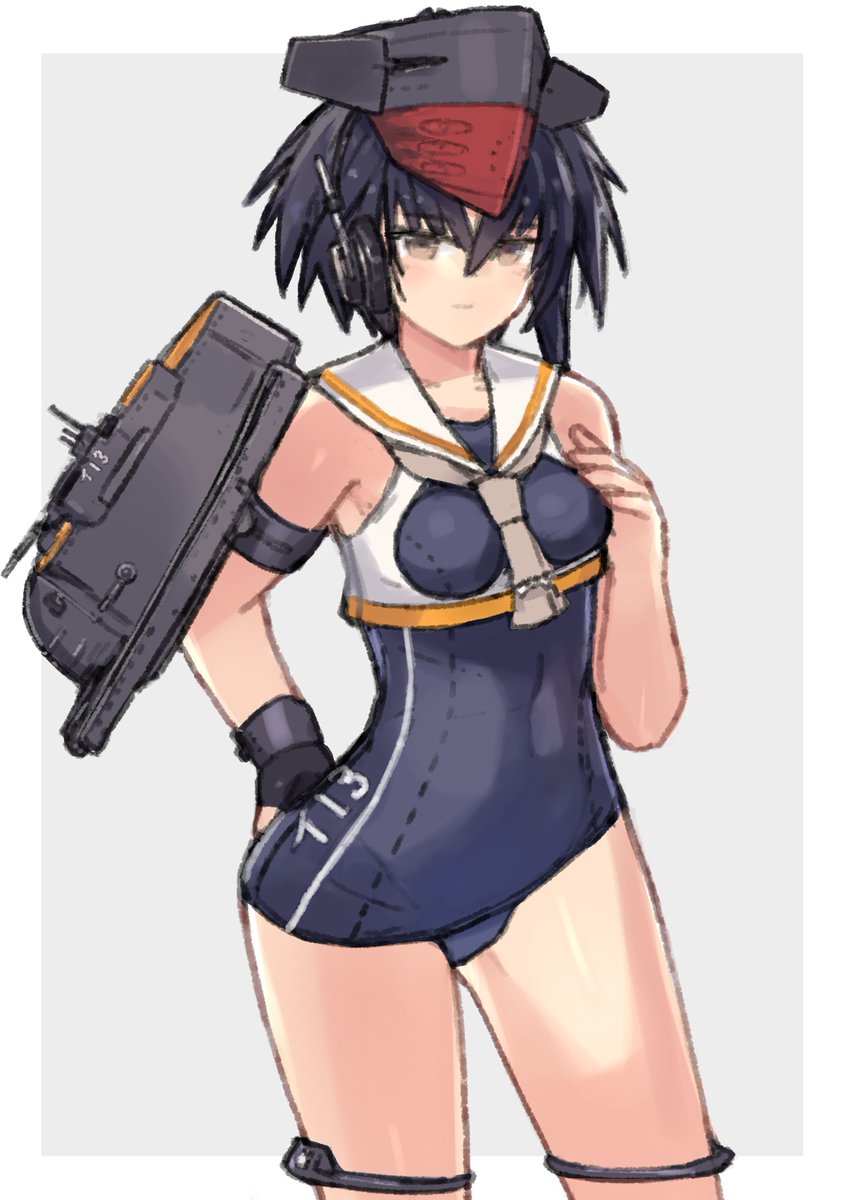 1girl asymmetrical_hair black_hair black_swimsuit brown_eyes cowboy_shot crop_top framed_breasts gloves grey_background hair_between_eyes hat headphones highres i-13_(kantai_collection) kantai_collection looking_at_viewer machinery mcan one-piece_swimsuit sailor_collar school_swimsuit short_hair single_glove solo swimsuit tsurime two-tone_background white_sailor_collar