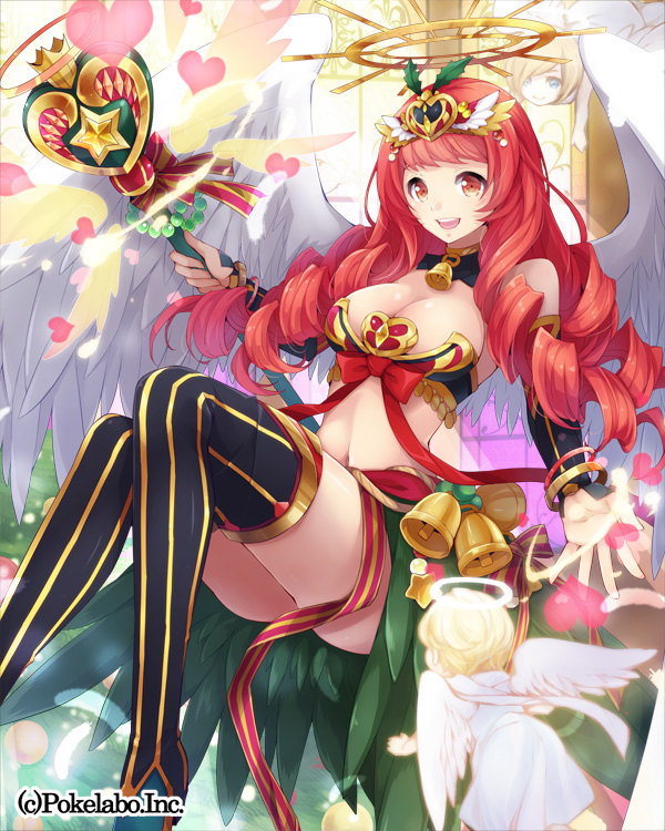 bare_shoulders bell bow bracelet breasts cleavage female hair_ornament halo heart hinariaoba holding holding_weapon jewelry long_hair looking_at_viewer midriff navel open_mouth orange_eyes original red_bow red_hair smile solo staff thighhighs weapon wings