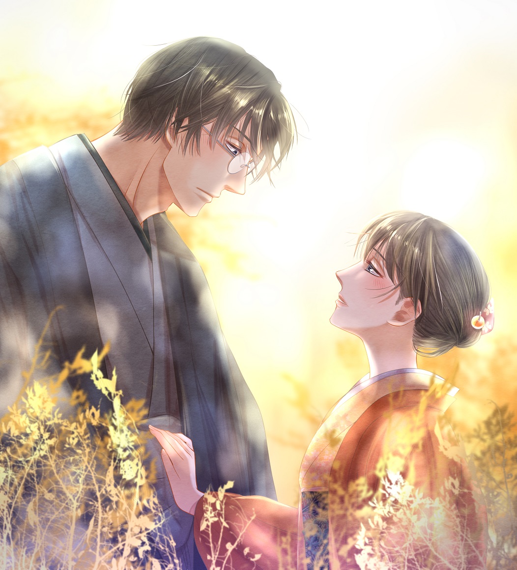 1boy 1girl black_hair blush brown_hair eye_contact glasses hair_ornament hair_up hand_on_another's_stomach hand_on_another's_stomach hetero izumi_(stardustalone) japanese_clothes kimono looking_at_another original outdoors parted_lips profile renri_no_chigiri_wo_kimi_to_shiru short_hair wide_sleeves yellow_sky