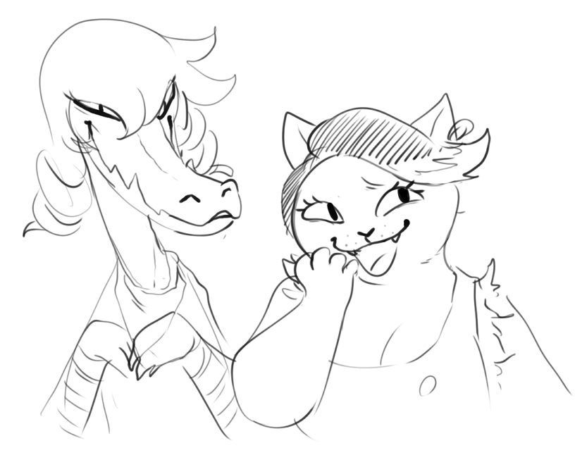 anthro black_and_white bratty_(undertale) breasts cat catty_(undertale) cleavage clothed clothing crocodile duo feline female hair laugh mammal monochrome morbi open_mouth reptile scalie smile undertale