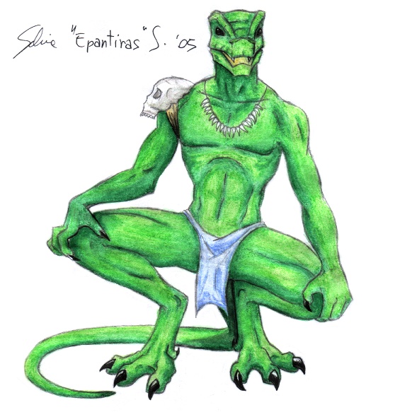 2005 3_toes abs anthro claws clothed clothing crouching epantiras front_view green_scales half-dressed hand_on_knee lizard loincloth necklace pecs reptile scales scalie sharp_claws simple_background skull solo toe_claws toes toned topless white_background