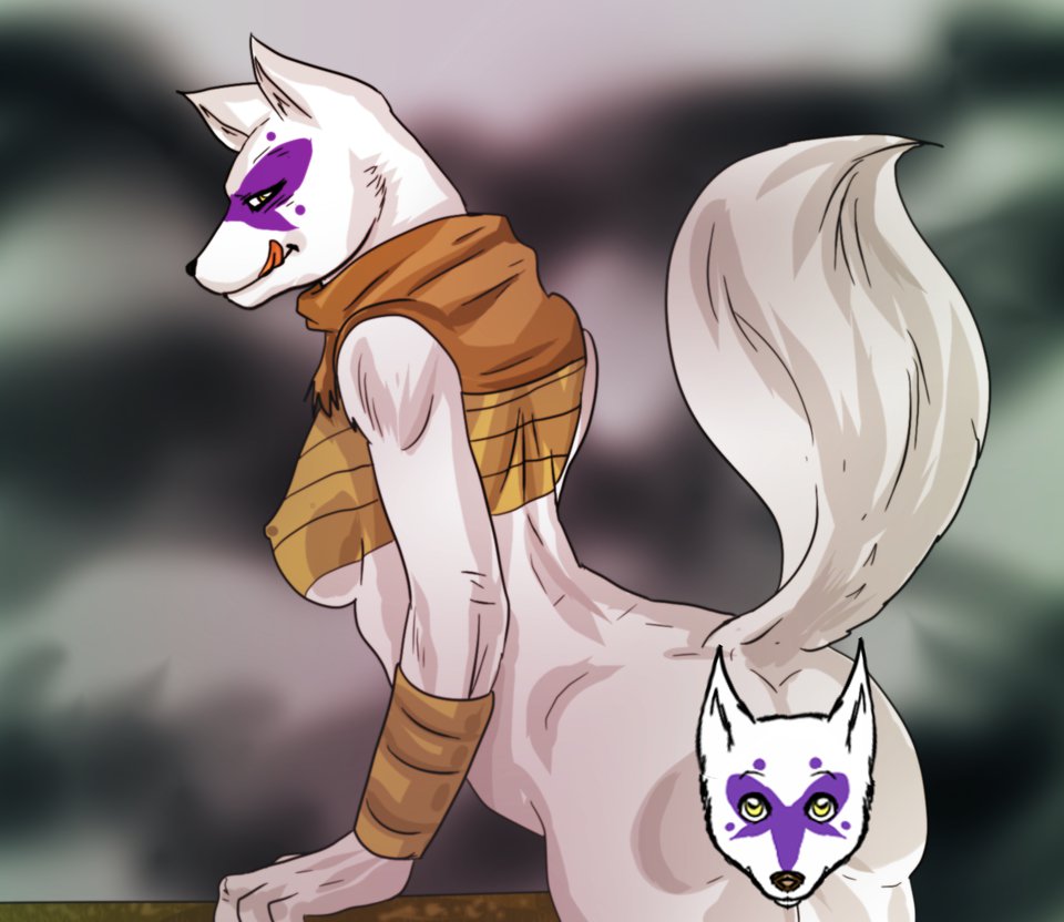 alopex anthro arctic_fox bandage bottomless butt canine censored claws clothed clothing female fox fur half-dressed looking_at_viewer looking_back mammal solo teenage_mutant_ninja_turtles thick_thighs white_fur yellow_eyes