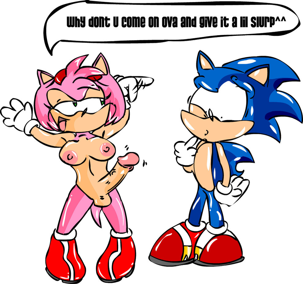 amy_rose balls breasts clothing dialogue dickgirl erection intersex nipples penis perverted_bunny sonic_(series) sonic_the_hedgehog
