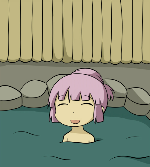 1girl alternate_hairstyle bangs bathing blunt_bangs eyes_closed hair_down happy onsen partially_submerged pink_hair rock rocks shiitake_nabe_tsukami solo water yoshikawa_chinatsu yuru_yuri