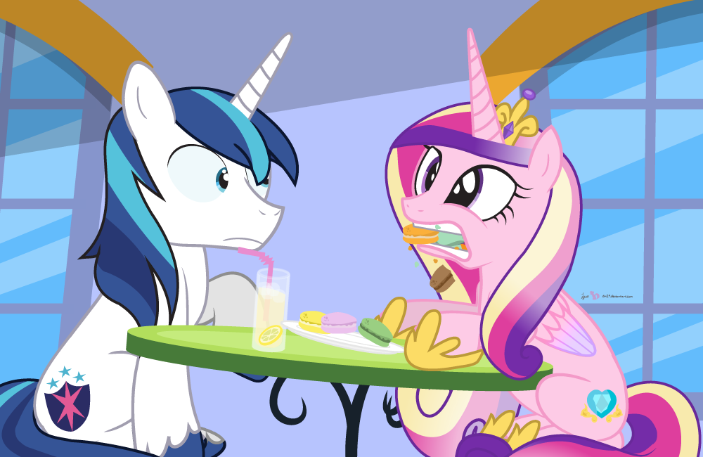 2015 beverage blue_eyes blue_hair couple cutie_mark dm29 duo equine female feral food friendship_is_magic hair horn husband_and_wife male mammal multicolored_hair my_little_pony nom preening princess_cadance_(mlp) purple_eyes shining_armor_(mlp) straw table unicorn winged_unicorn wings