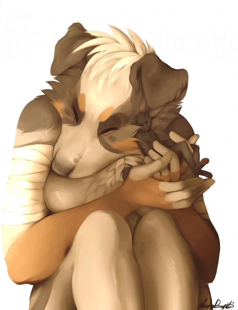 2016 anthro australian_shepherd canine carrying chest_tuft cuddling detailed dog duo eyes_closed fur holding_character lying macro mammal micro nude paws relaxing sitting size_difference tuft zizicakes
