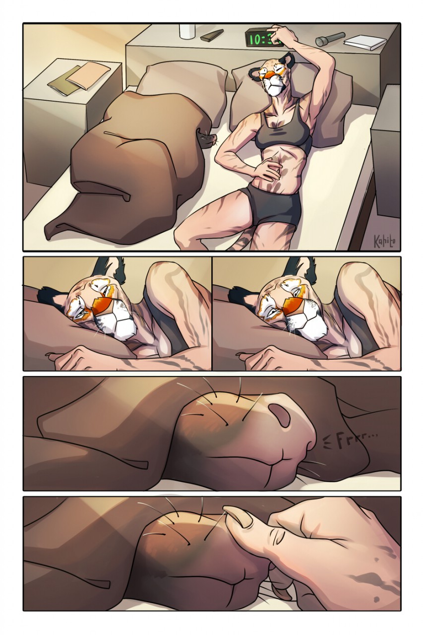 anthro bed boop clothing comic duo feline female kahito_slydeft_(artist) mammal on_bed pangolin pantherine sleeping smile tiger under_covers underwear