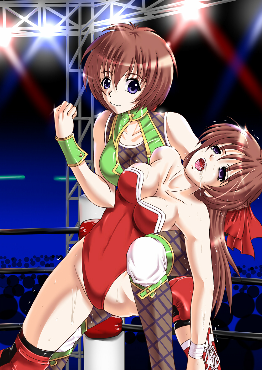 2girls abdominal_stretch artist_request breasts brown_hair cleavage defeated drooling empty_eyes female fishnet fishnet_pantyhose fishnets foaming_at_the_mouth knee_pads leotard long_hair multiple_girls mutou_megumi open_mouth pantyhose purple_eyes rigid saliva short_hair submission sweat unconscious wrestle_angels wrestle_angels_survivor wrestling wrestling_outfit wrestling_ring wristband yoshihara_mimi