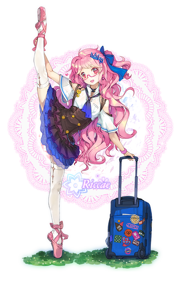 arm_support ballerina ballet ballet_slippers dress full_body glasses hair_ornament hair_ribbon hairclip leg_up long_hair pink_eyes pink_hair plantar_flexion ribbon riccae side_ponytail smile solo suitcase thighhighs tiptoes transparent_background