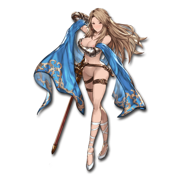 1girl :o arm_up armor belt beltskirt bikini breast_hold breasts brown_hair buckle cleavage collage cross-laced_clothes cygames earrings fighting_stance full_body gauntlets granblue_fantasy grey_hair high_heels hips holding holding_weapon jewelry katarina_(granblue_fantasy) leg_lift legs legs_crossed light_smile long_hair long_legs looking_at_viewer minaba_hideo multiple_views nipple nipples official_art over_shoulder red_eyes scabbard shawl sheath shoes simple_background smile solo standing swimsuit sword thigh_strap transparent_background water weapon weapon_over_shoulder