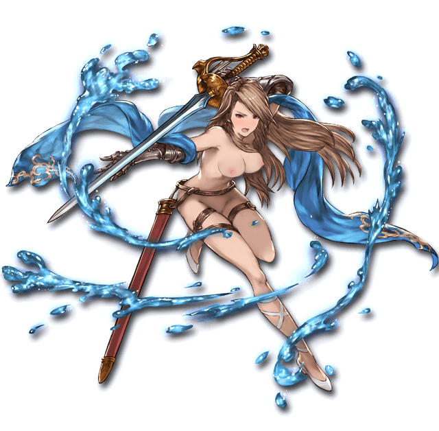 &gt;:o 1girl armor belt beltskirt bikini breast_hold breasts brown_hair buckle cleavage collage cross-laced_clothes cygames earrings fighting_stance full_body gauntlets granblue_fantasy grey_hair high_heels hips holding holding_weapon jewelry katarina_(granblue_fantasy) leg_lift legs legs_crossed light_smile long_hair long_legs looking_at_viewer minaba_hideo multiple_views nipple nipples official_art over_shoulder red_eyes scabbard shawl sheath shoes simple_background smile solo standing swimsuit sword thigh_strap transparent_background water weapon weapon_over_shoulder