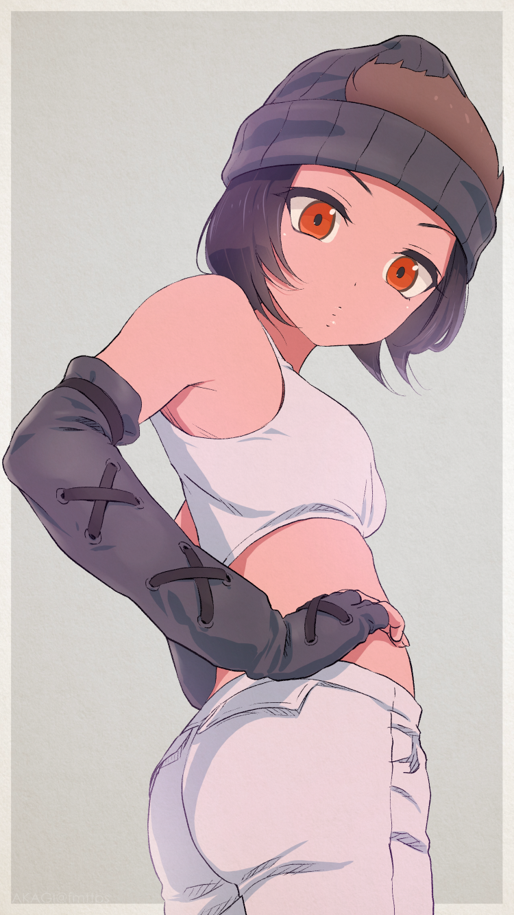 1girl akagi_(fmttps) ass bare_shoulders black_hair closed_mouth commentary_request cowboy_shot crop_top cross-laced_gloves elbow_gloves fingerless_gloves from_behind gloves gorilla_(kemono_friends) grey_background grey_gloves hands_on_hips hat highres kemono_friends looking_at_viewer looking_back midriff orange_eyes pants short_hair simple_background solo tank_top white_pants white_tank_top