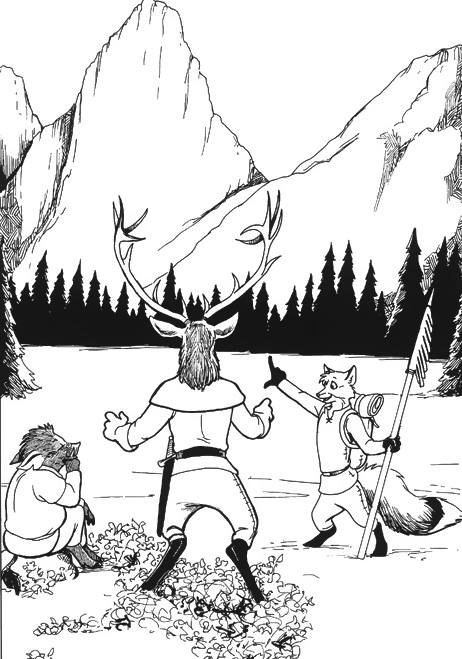 antlers armor canid canine cervid cervine clothing concept_art digitigrade eeah elk field flower fox gauntlets gloves group hooves horn inherit_the_earth lisa_sample mammal melee_weapon monochrome mountain official_art okk pine_tree plant pointing polearm rif rock sitting spear standing suid suina sus_(pig) sword tree treeline tunic weapon wild_boar