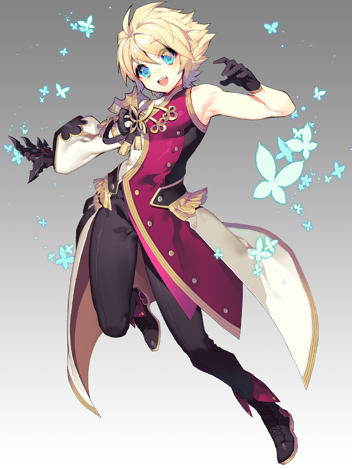 :d asymmetrical_clothes black_footwear black_gloves black_pants blonde_hair blue_eyes bug butterfly chung_seiker elsword full_body gloves grey_background insect male_focus open_mouth pants pika_(kai9464) shoes smile solo