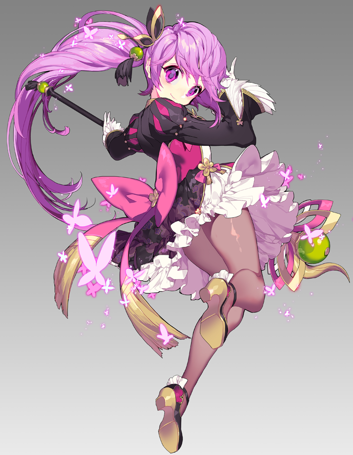 aisha_(elsword) back_bow black_footwear bow brown_legwear bug butterfly elsword frilled_skirt frills full_body gloves grey_background holding holding_wand insect long_hair looking_back pantyhose pika_(kai9464) pink_bow ponytail purple_eyes purple_hair shoes skirt smile solo staff wand white_gloves white_skirt