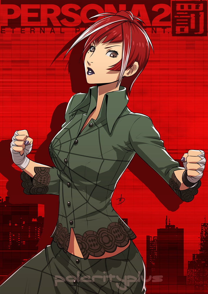 breasts brown_eyes buttons clenched_hands copyright_name daniel_macgregor gradient_hair hand_wraps lips lipstick makeup medium_breasts multicolored_hair nail_polish persona persona_2 purple_lipstick purple_nails red_hair serizawa_ulala short_hair solo spider_web_print white_hair