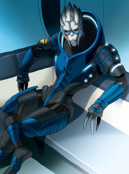 alien black_sclera blue_eyes crossed_legs facepaint facial_scar garrus_vakarian male_focus mass_effect neon_trim power_armor scar sitting solo turian yukiyanagi