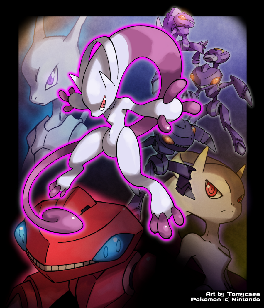 cannon claws genesect gradient gradient_background mega_mewtwo_y mega_pokemon nintendo no_humans official_style pokemon pokemon_(anime) pose red_eyes shiny_pokemon