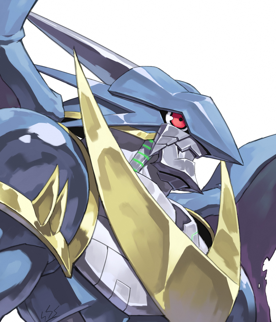 1boy armor bandai digimon dragon dragon_wings full_armor helmet kazkazkaz monster no_humans red_eyes royal_knights simple_background solo ulforceveedramon wings