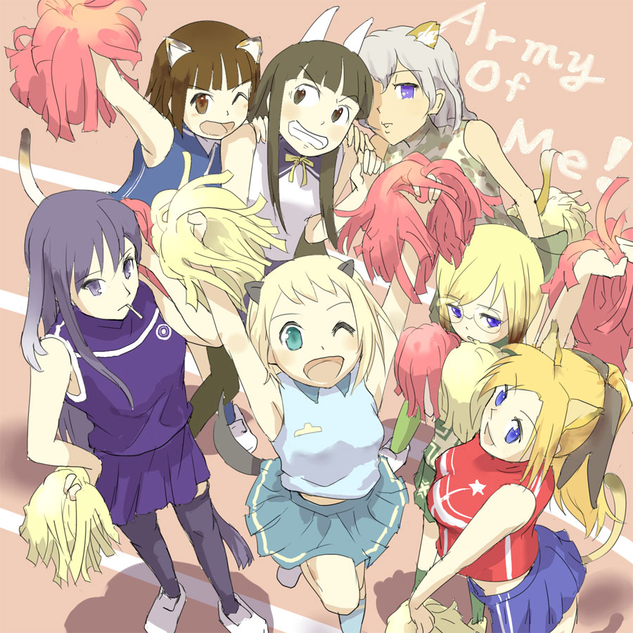 6+girls anabuki_tomoko angry animal_ears black_hair blonde_hair blue_eyes bob_cut brown_eyes brown_hair cat_ears cat_tail cheering cheerleader cigarette dog_ears dog_tail elizabeth_f_beurling elma_leivonen english ermine_ears ermine_tail fox_ears fox_tail giuseppina_ciuinni glasses grey_hair hands_on_hips hands_on_shoulders katharine_ohare long_hair multiple_girls pantyhose pom_poms purple_eyes puuakachan ribbon sakomizu_haruka short_hair star tail thighhighs track_and_field ursula_hartmann world_witches_series