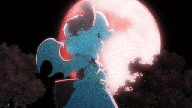 animated animated_gif artist_request bat_wings crossed_arms hat hat_ribbon looking_back moon moonlight nature night official_style red_eyes red_moon remilia_scarlet ribbon solo source_request touhou tree wings