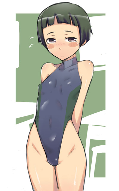 bare_shoulders black_hair blush breasts brown_eyes competition_swimsuit em embarrassed highleg highleg_swimsuit matsunaga_ayane one-piece_swimsuit perky_breasts persona persona_4 short_hair small_breasts solo sweat swimsuit tears