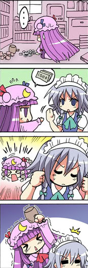 4koma bad_id bad_pixiv_id comic duplicate hat izayoi_sakuya moon multiple_girls patchouli_knowledge purple_hair silver_hair touhou