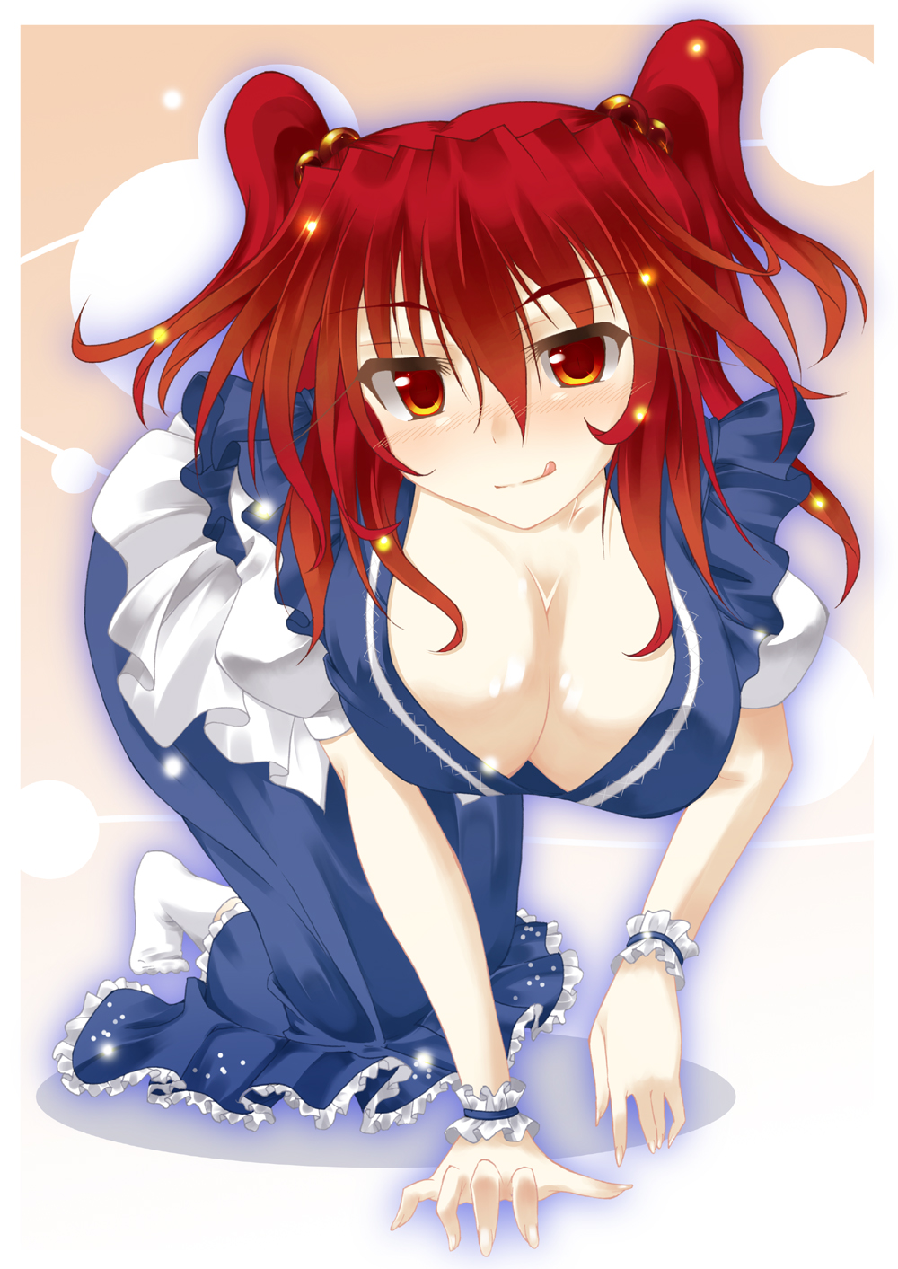 all_fours blush breasts cleavage downblouse fuyuno_taka hair_bobbles hair_ornament hanging_breasts highres huge_breasts licking_lips looking_at_viewer naughty_face no_bra onozuka_komachi red_eyes red_hair short_hair smile solo tongue tongue_out touhou two_side_up wrist_cuffs