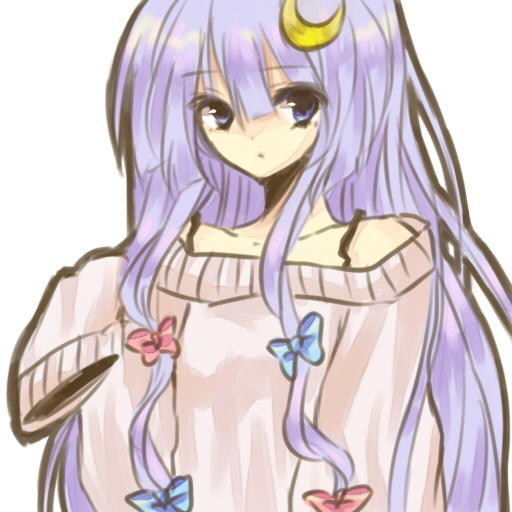 alternate_costume bad_id bad_pixiv_id contemporary crescent crescent_hair_ornament hair_ornament hair_ribbon hiharo long_hair long_sleeves oversized_clothes patchouli_knowledge purple_eyes purple_hair ribbon sleeves_past_fingers sleeves_past_wrists solo touhou