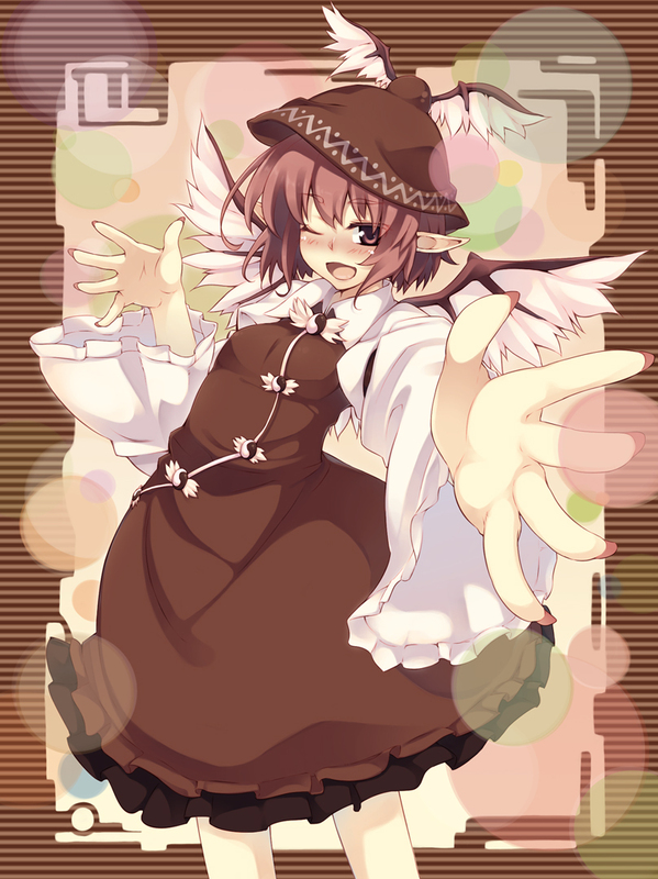 blush dress fingernails frills hat long_fingernails mystia_lorelei one_eye_closed open_mouth pink_eyes pink_hair pointy_ears short_hair soine solo touhou wings