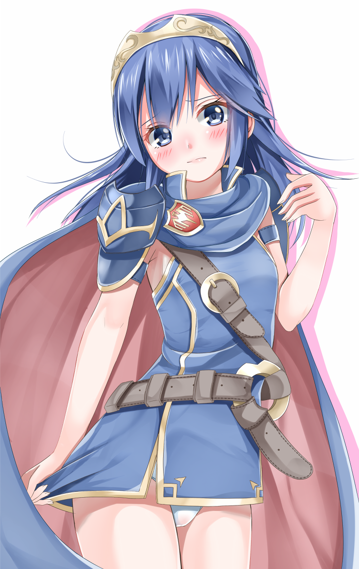 1girl adapted_costume amagami_rukichi badge belt blue_hair blush buckle cape fire_emblem fire_emblem:_kakusei lucina panties pantyshot_(standing) popped_collar shoulder_pads simple_background sleeveless solo strap tiara underwear white_panties