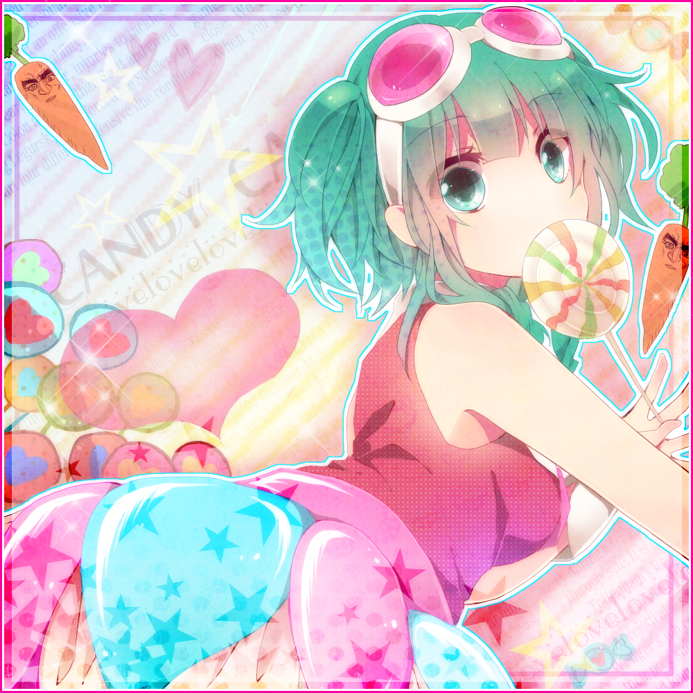 alternate_hairstyle aqua_eyes aqua_hair border candy candy_candy_(song) carrot cosplay dress food gumi kyary_pamyu_pamyu kyary_pamyu_pamyu_(cosplay) lollipop looking_at_viewer pink_border shiki_hinako sidelocks sleeveless sleeveless_dress solo song_name sweets text_focus twintails vocaloid