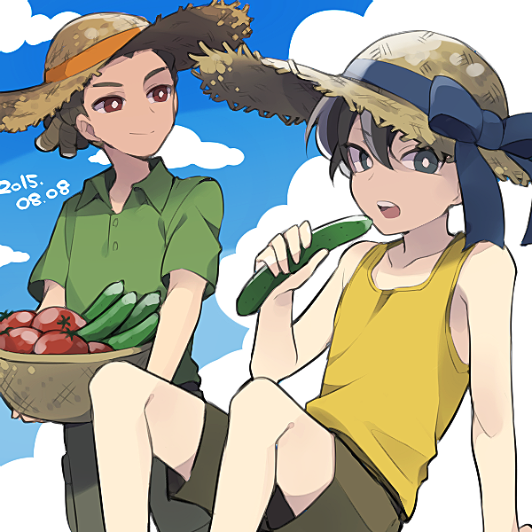 arm_support basket blue_sky brown_hair carrying cloud cucumber dated day eating fudou_akio hairlocs hat inazuma_eleven inazuma_eleven_(series) kidou_yuuto male_focus multiple_boys open_mouth outdoors saku_anna sitting sky sun_hat tomato
