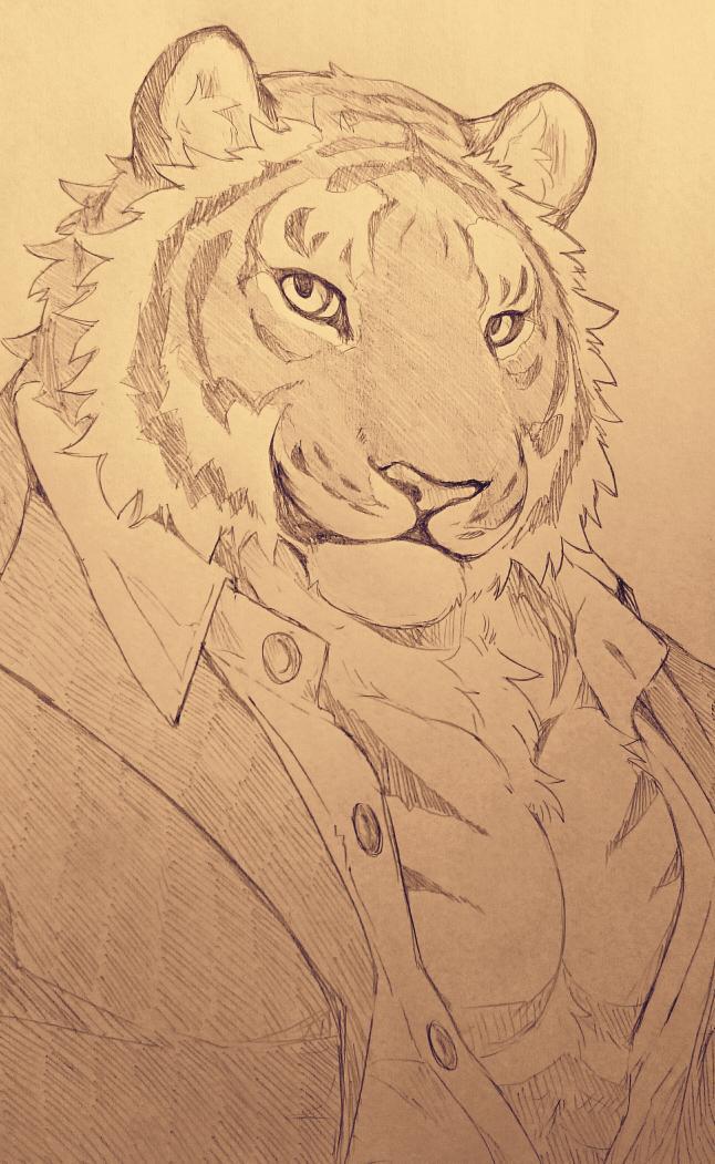 chest_tuft clothed clothing feline fur giraffe_(artist) looking_at_viewer male mammal monochrome muscular partially_clothed pecs pencil_(artwork) sepia sketch solo tiger traditional_media_(artwork) tuft