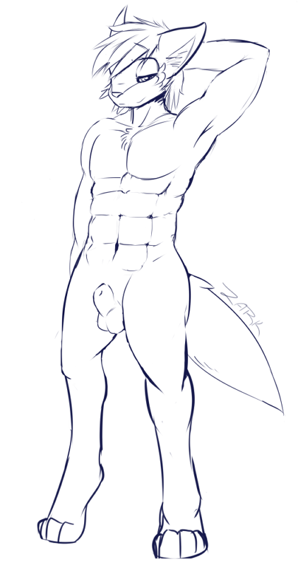 2012 abs anthro balls canine english_text fully_sheathed fur hair half-closed_eyes larkdraws male mammal monochrome muscular navel nude paws raised_arm sheath sketch smile solo text