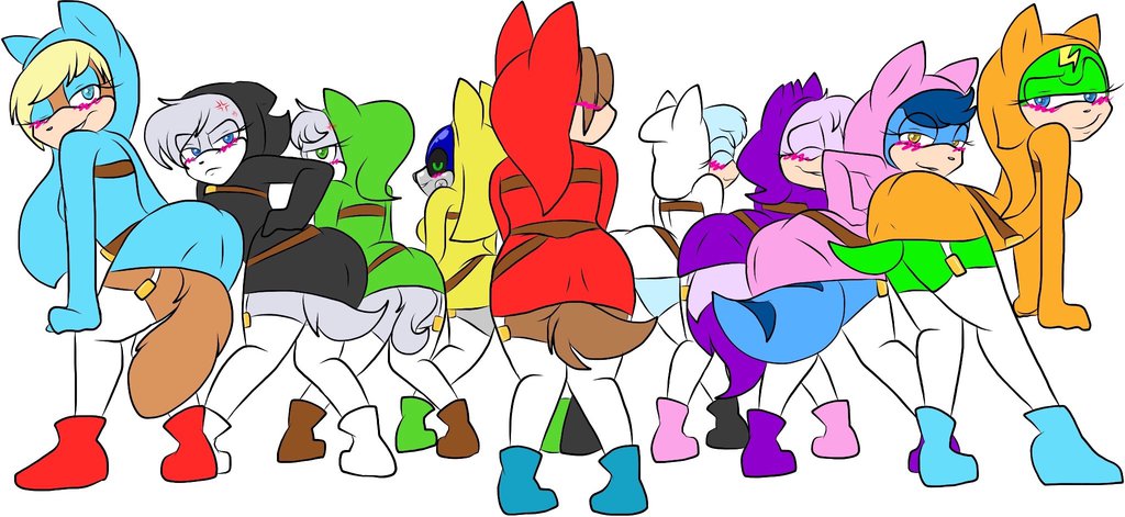 annoyed belt bent_over blush breasts clothed clothing cosplay female group hair looking_at_viewer looking_back machine mammal mario_bros nintendo robot shygirl shyguy simple_background video_games
