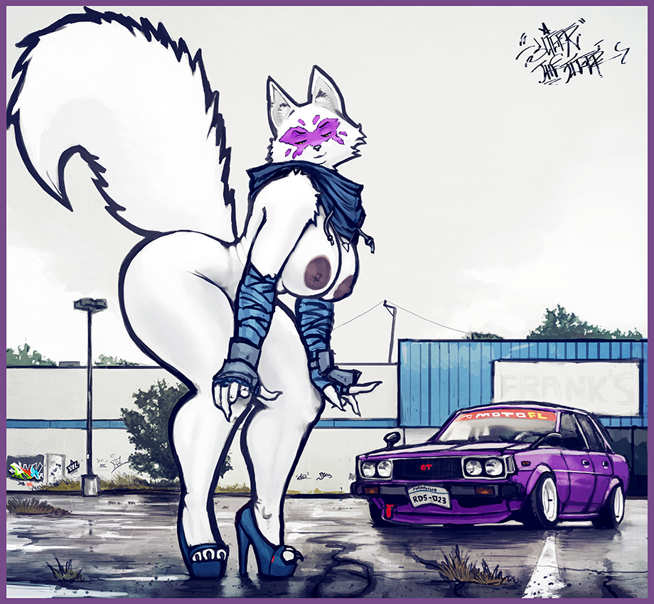 2015 alopex anthro arctic_fox black_nose breasts canine car female fox fur mammal nipples nude raised_tail sligarthetiger teenage_mutant_ninja_turtles vehicle white_fur