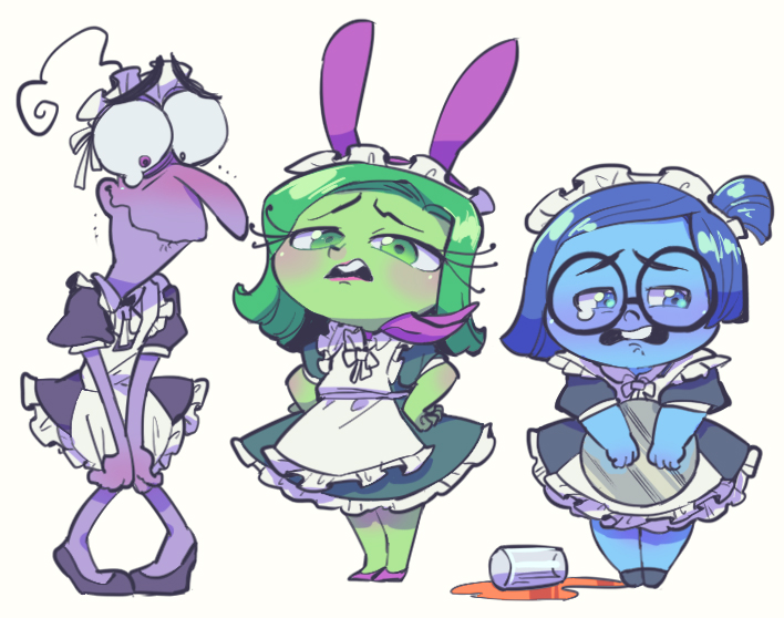 1boy 2girls artist_request blue_eyes blue_hair blue_skin blush crossdressing disgust_(inside_out) fear_(inside_out) glasses green_eyes green_hair green_skin inside_out looking_at_viewer maid multiple_girls purple_skin sadness_(inside_out) tears