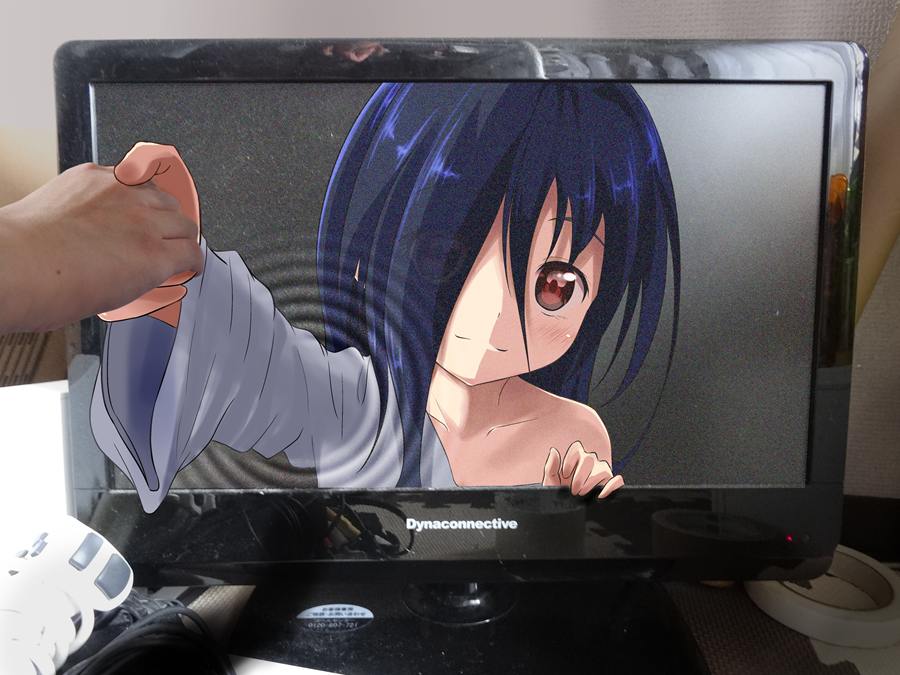 azumawari_(azumofu) bangs black_hair blush collarbone commentary_request controller foreshortening fourth_wall game_controller gamepad hair_between_eyes hair_over_one_eye holding_hands long_hair long_sleeves looking_at_viewer monitor off_shoulder one_eye_covered out_of_frame photo portrait pov product_placement red_eyes shiny shiny_hair smile solo_focus tape tareme the_ring through_screen wide_sleeves yamamura_sadako