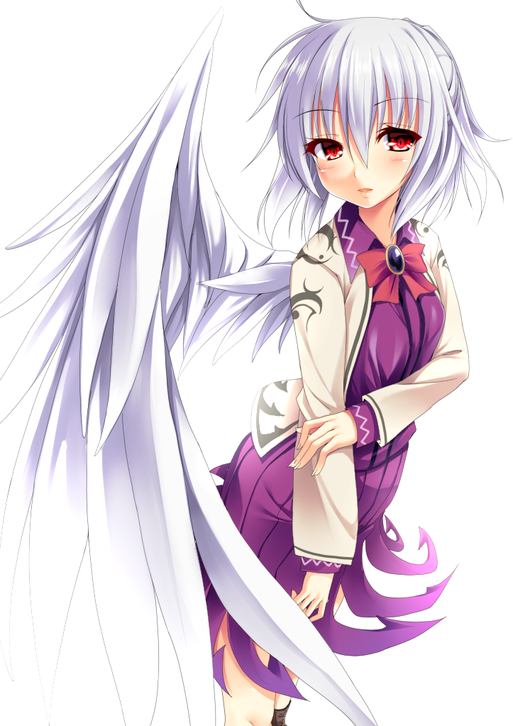boots bow bowtie brooch collared_shirt eyebrows_visible_through_hair feathered_wings fingernails hair_between_eyes jacket jewelry k_liss_s kishin_sagume long_sleeves looking_at_viewer parted_lips purple_shirt purple_skirt red_eyes red_neckwear shirt short_hair silver_hair simple_background single_wing skirt solo standing tareme touhou white_background wing_collar wings
